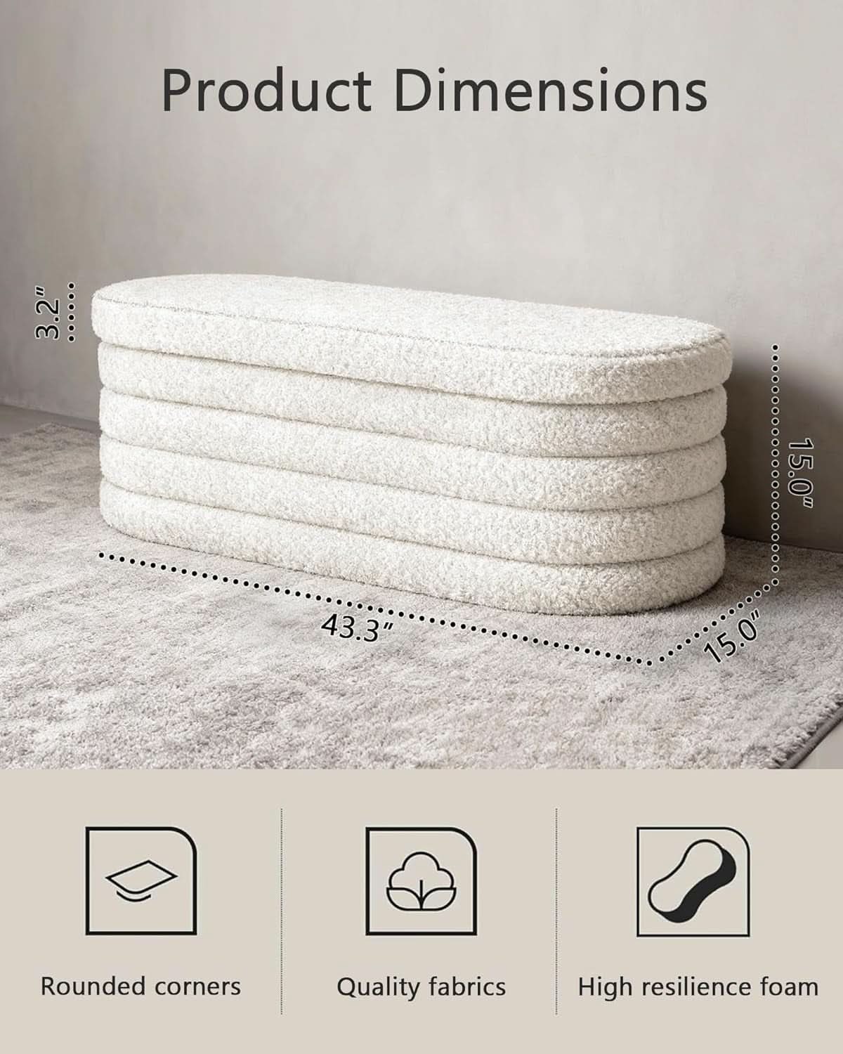 X 43 Inch SherpaWhite Upholstered Storage Ottoman Bench