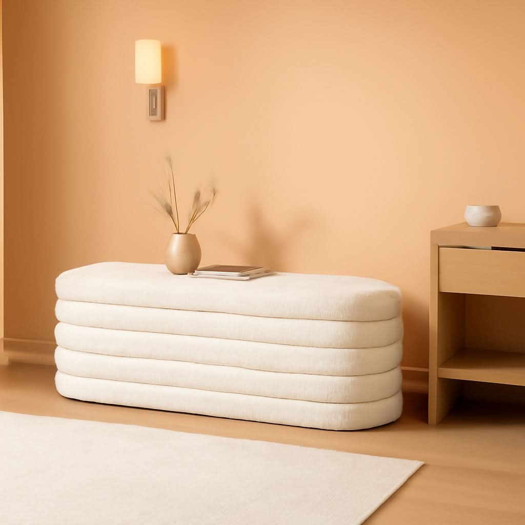 X 43 Inch SherpaWhite Upholstered Storage Ottoman Bench