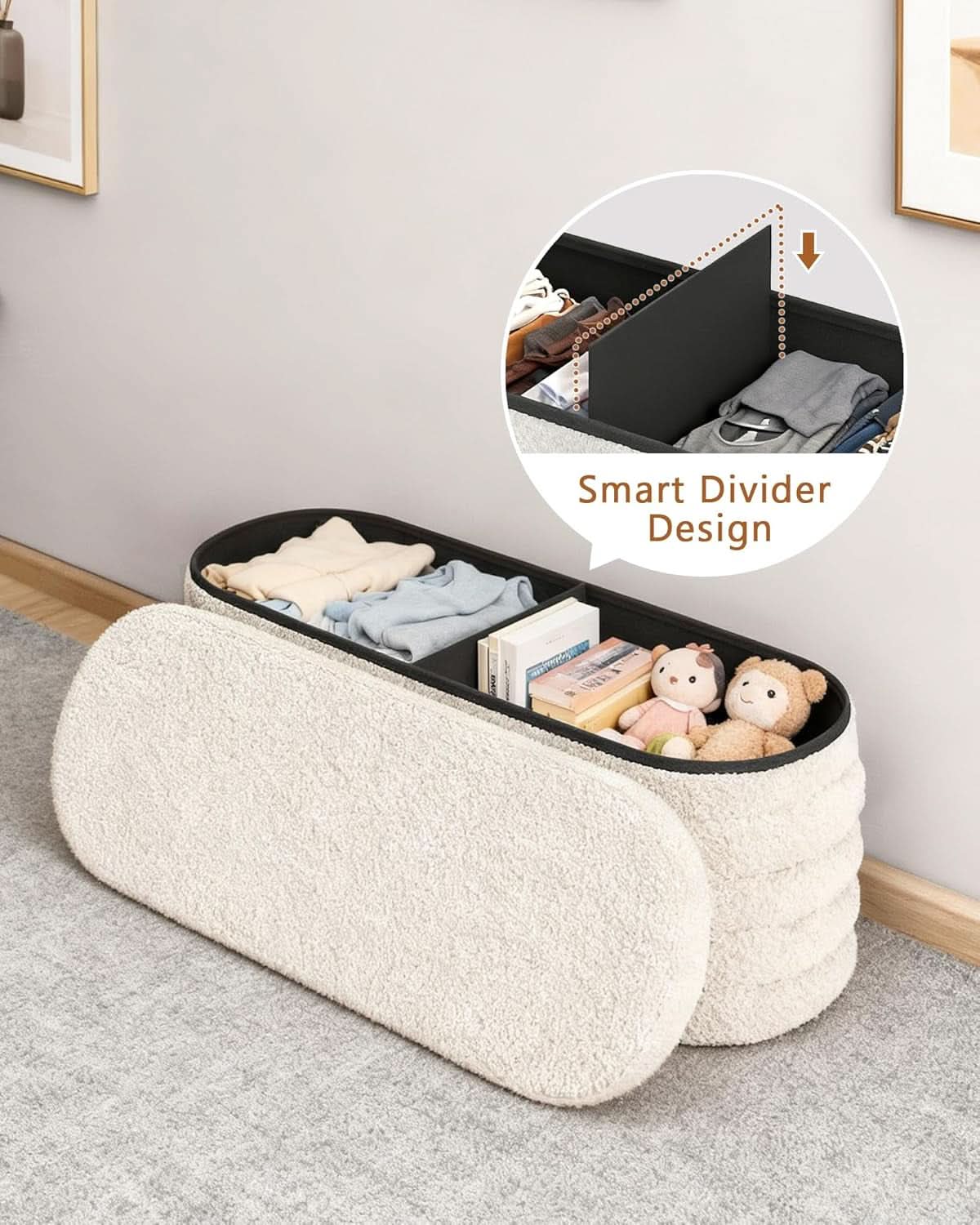 X 43 Inch SherpaWhite Upholstered Storage Ottoman Bench