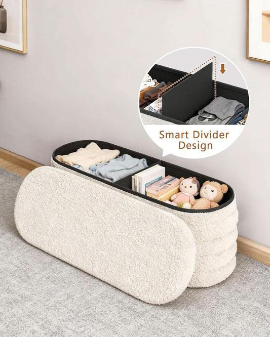 X 43 Inch SherpaWhite Upholstered Storage Ottoman Bench