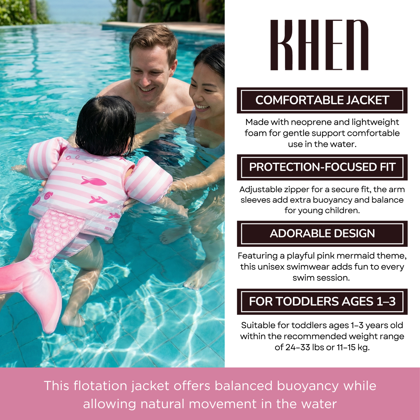 X Floating Jackets with Sleeves for Pool or Beach | 1-3 Years | Pink Mermaid