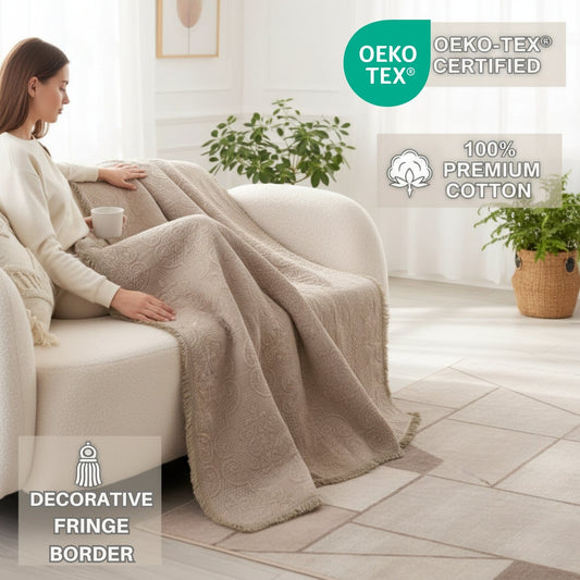 X DaDa Bedding Elegant Fringed 100% Cotton Quilted Throw Blanket - Luxurious 50x60 Inches
