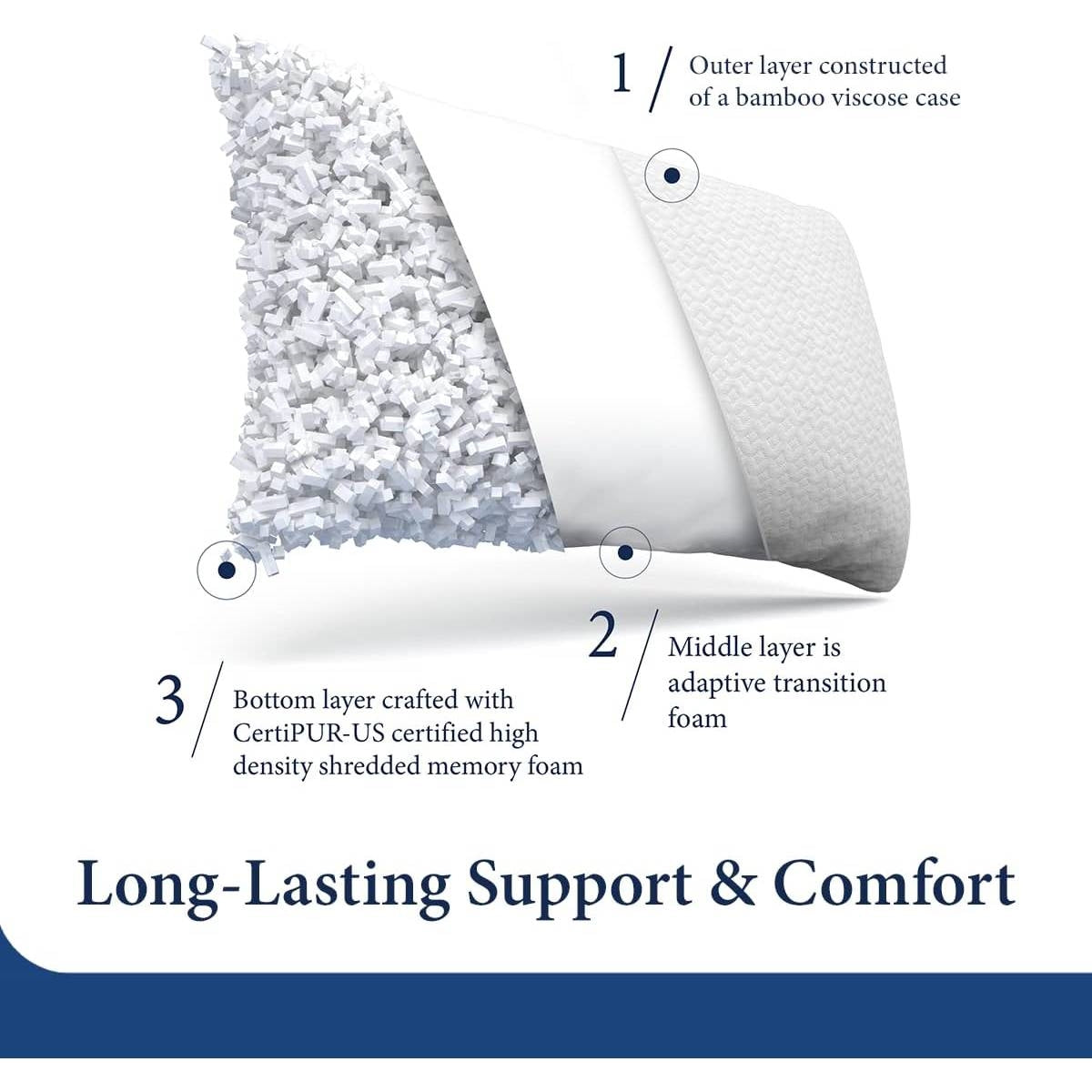 X Queen Shredded Memory Foam Pillow with Luxury Soft Cool Bamboo Breathable Cover