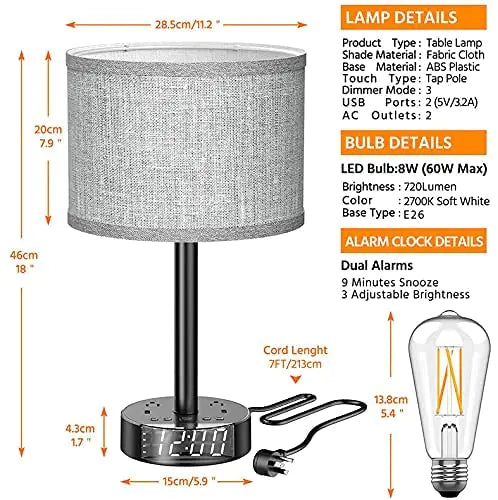 X Bedside Table Lamp Alarm Clock Charging - 3 Brightness Level