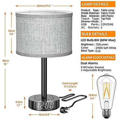 X Bedside Table Lamp Alarm Clock Charging - 3 Brightness Level